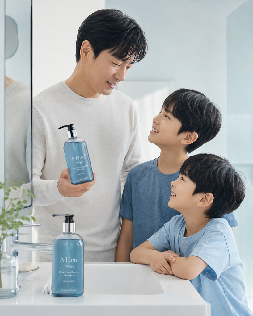 아빠와 두 아들이 욕실에서 A.Deul 샴푸를 함께 보고 있는 장면