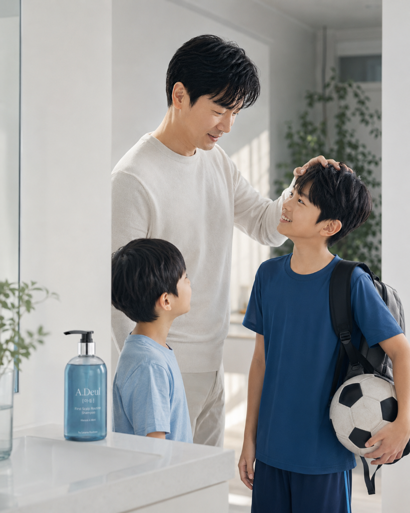 운동을 마치고 돌아온 아들의 머리를 쓰다듬는 아빠