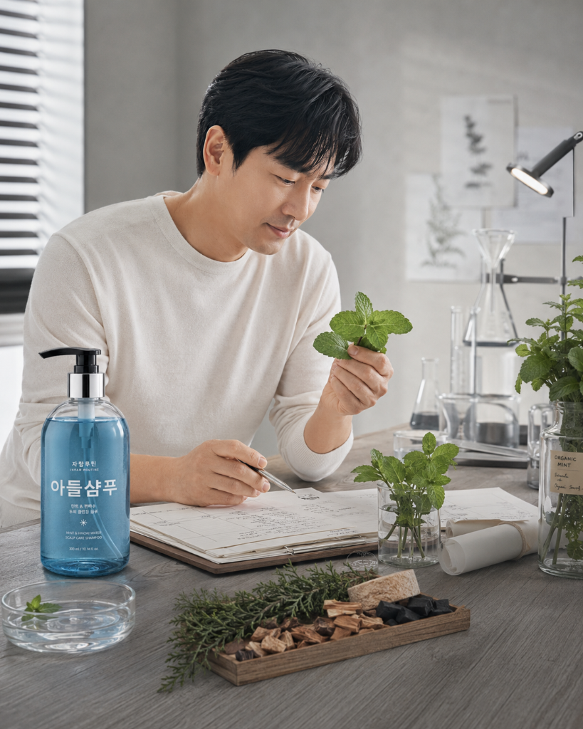 작업실에서 유기농 민트와 원료를 검토하는 메이커