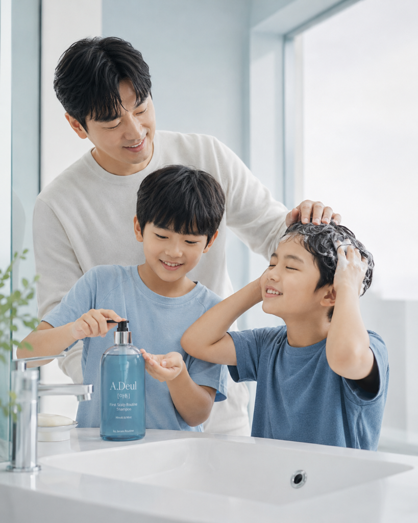 샴푸를 사용하며 시원한 청량감을 느끼는 아이