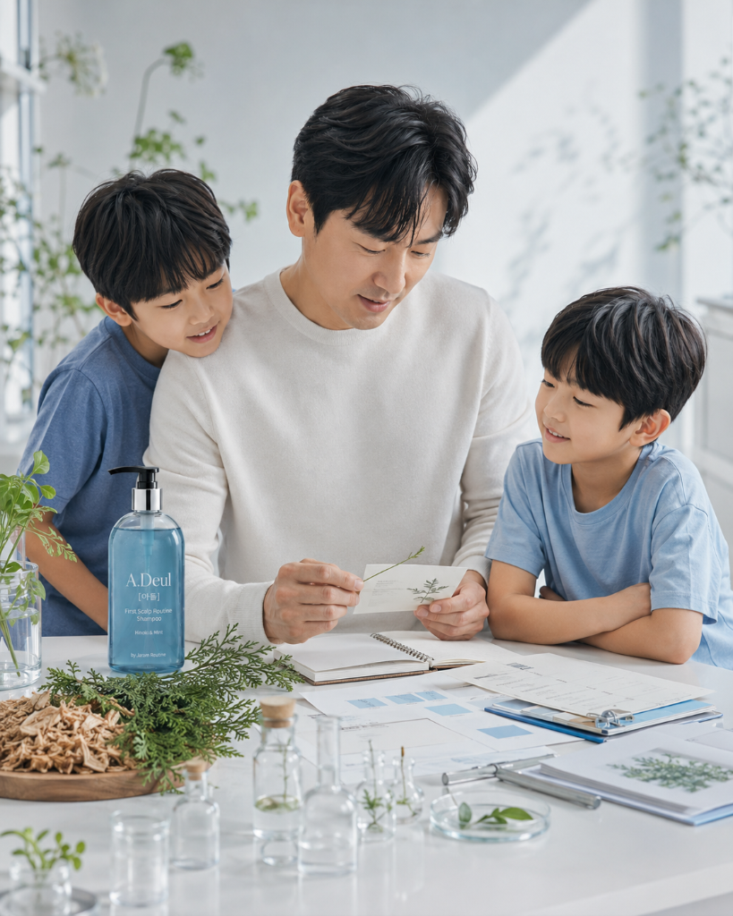 아이들이 직접 샴푸를 펌핑해 사용해보는 욕실 장면