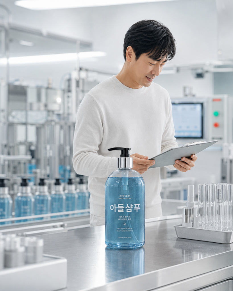 전문 화장품 제조 시설에서 품질을 확인하는 장면