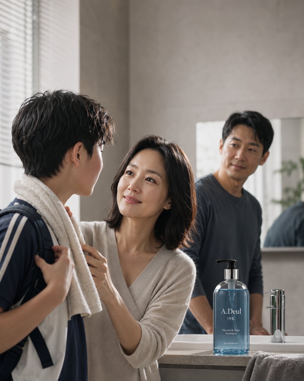 욕실에서 아들을 바라보는 엄마, 뒤에 아빠