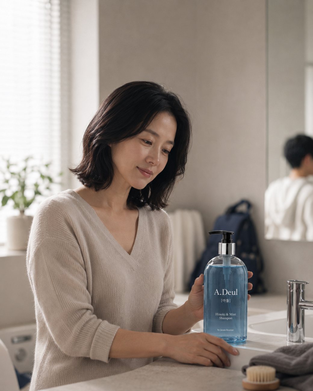 샴푸를 바라보는 엄마