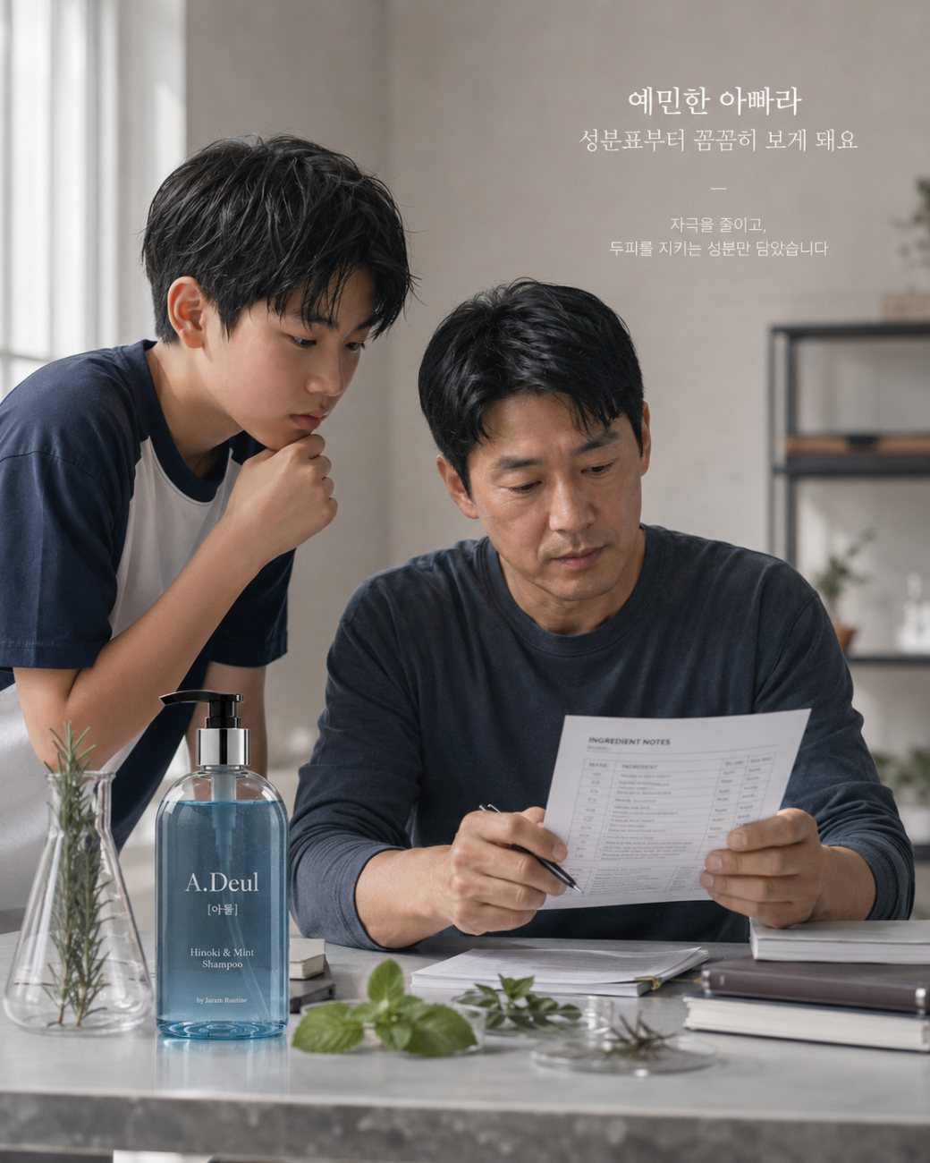 아빠와 아들이 성분 노트를 보는 모습