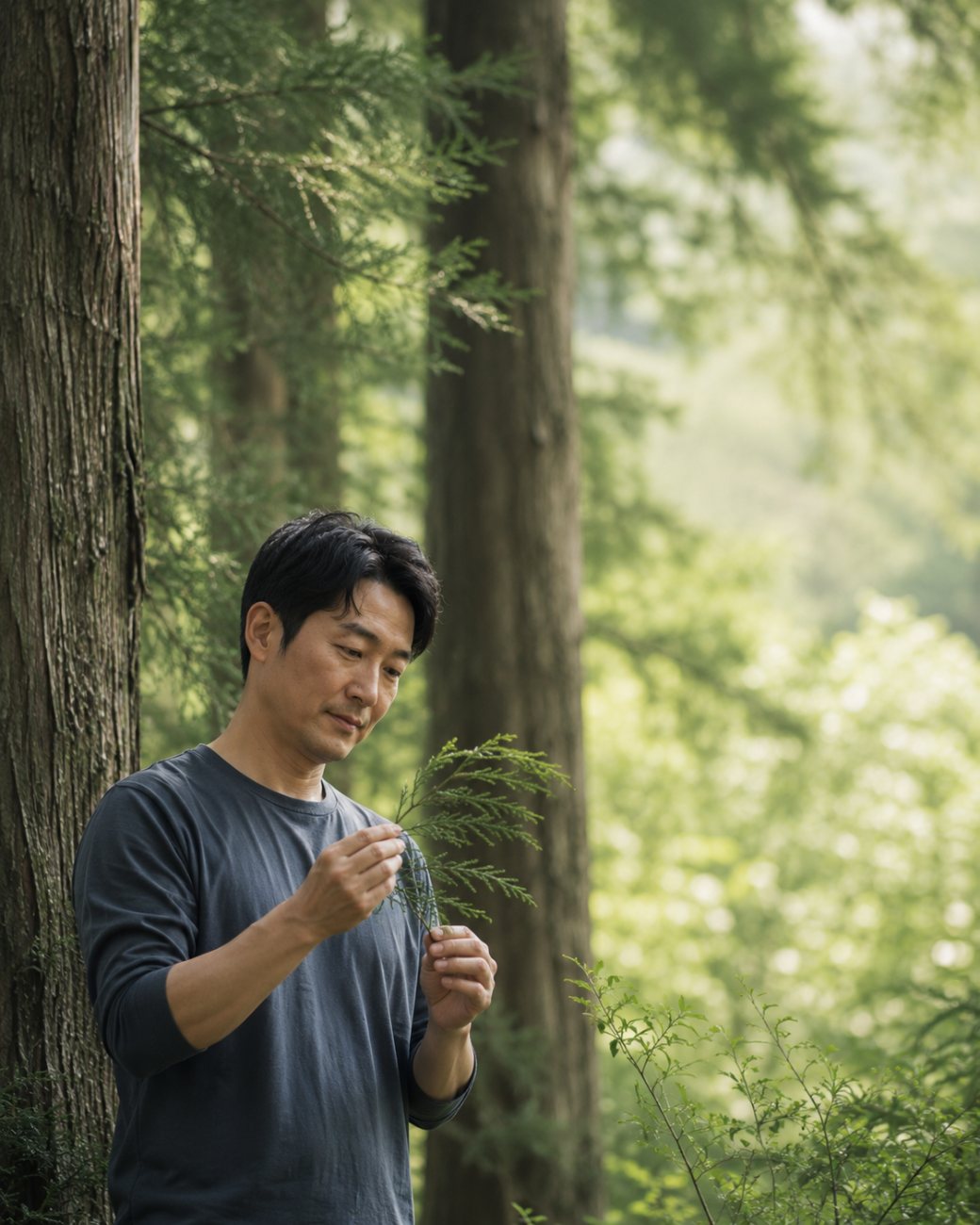 편백 숲에서 잎을 살피는 아빠