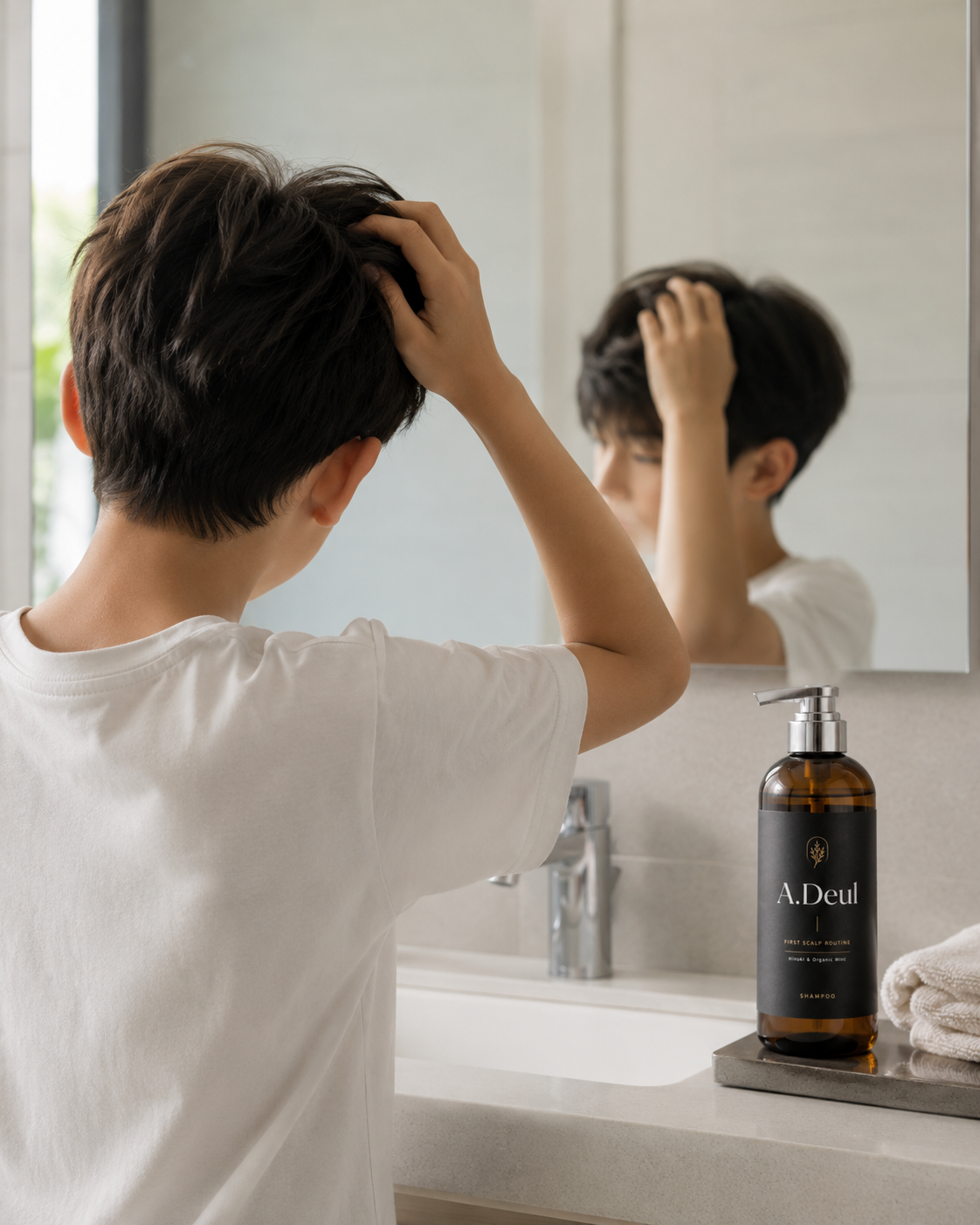 거울 앞에서 머리를 만지는 아이